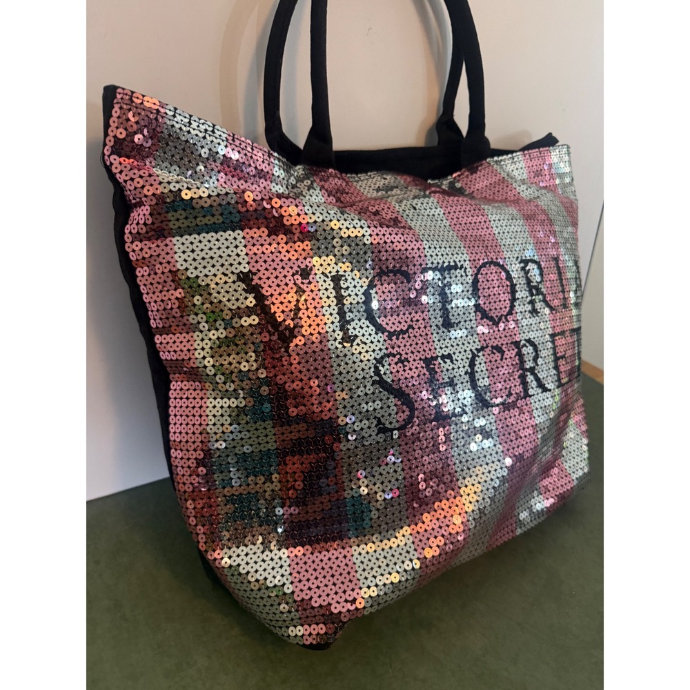 Victoria's Secret Sequin Stripe Tote Bag Pink Silver Black 11063603 - Picture 2 of 8
